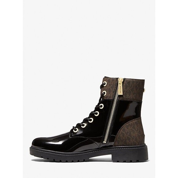 MICHAEL KORS Alistair Signature Monogram Combat Lug Sole Black Leather Boot 10M - Picture 2 of 15